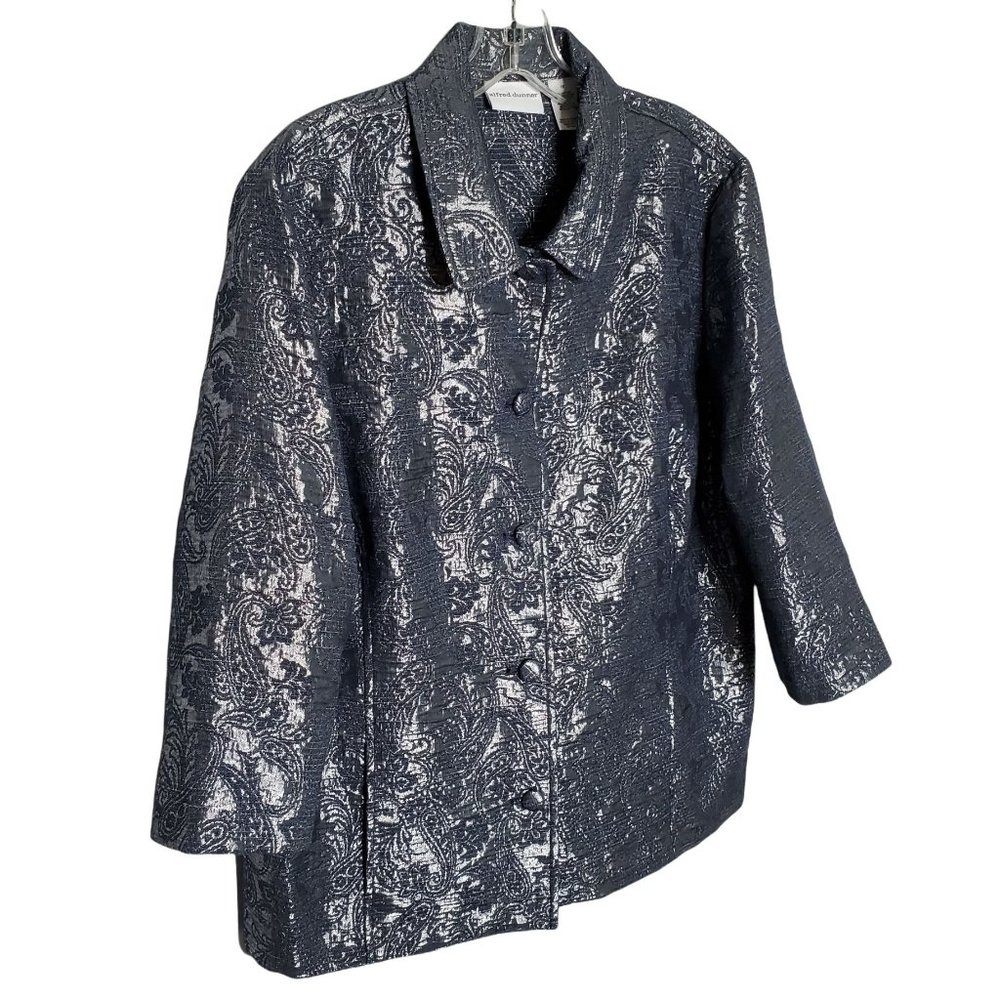 Alfred Dunner NWT Size 18 Jacket Shimmer Paisley Embroidered Button Silver Blue - Picture 1 of 8